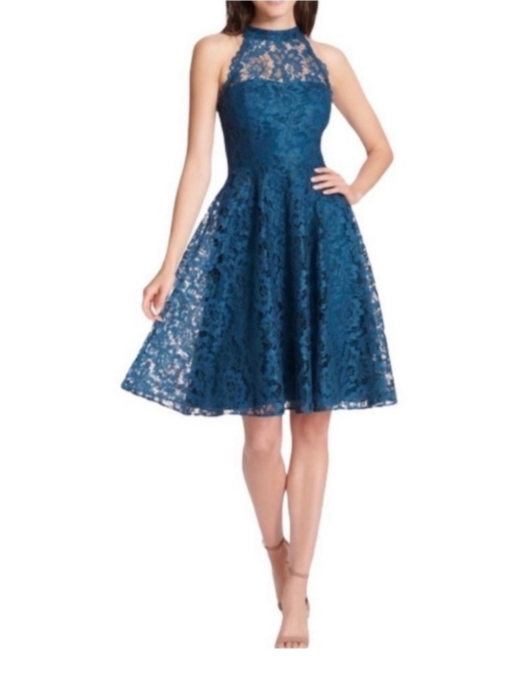 Eliza J Teal Lace Halter Fit-and-Flare Dress